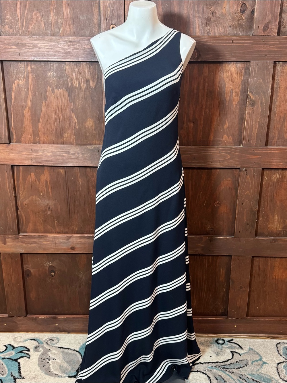 Ralph Lauren Navy and White One-Shoulder Maxi Dress
